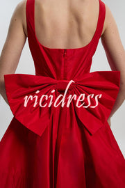Red Drama Taffeta Square Neck Back Oversized Bow Pocket Mini Dress