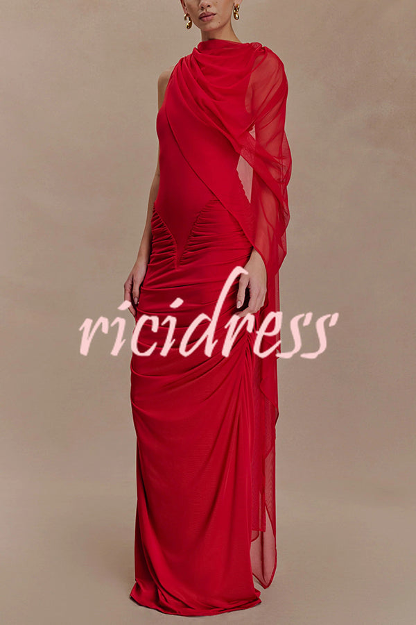 Fashionable Mesh Shawl Sleeveless Slim Fit Pleated Maxi Dress