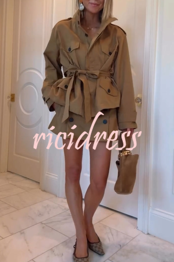 Chic Comfort Epaulettes Contrast Buttons Pocket Belt Cropped Trench Coat