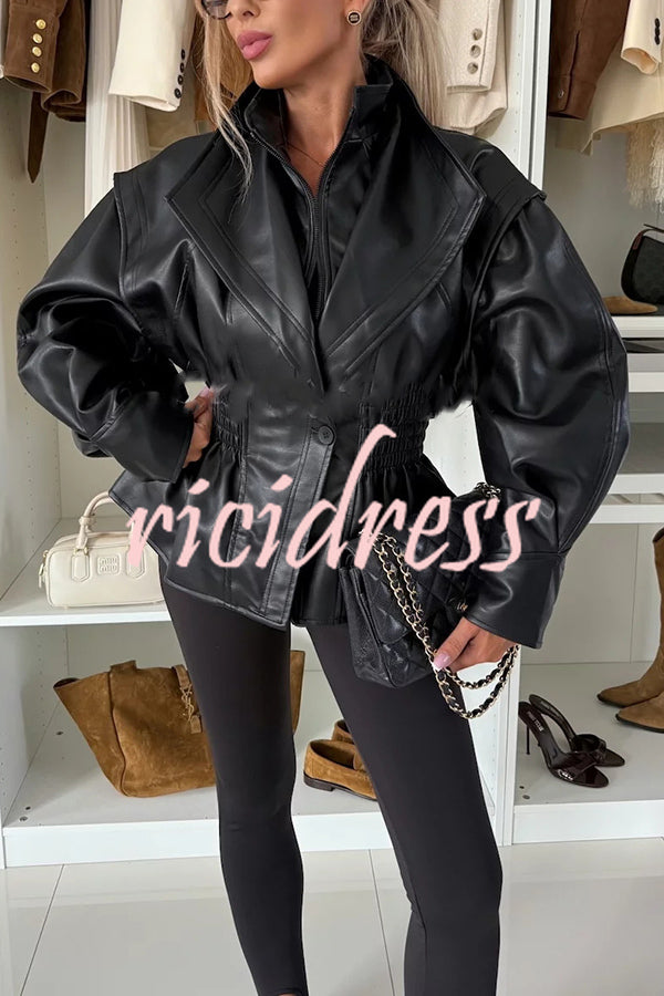 Play It Cool Faux Leather Single Button Elastic Waist Lapel Moto Jacket