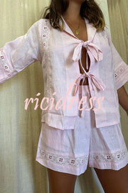 Celebrate Vacation Linen Blend Lace Splicing Tie-up Shirt and Elastic Waist Pocketed Shorts Set