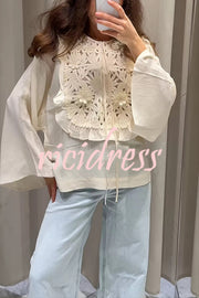Fashionable Round Neck Tie Hollow Stitching Casual Shirt