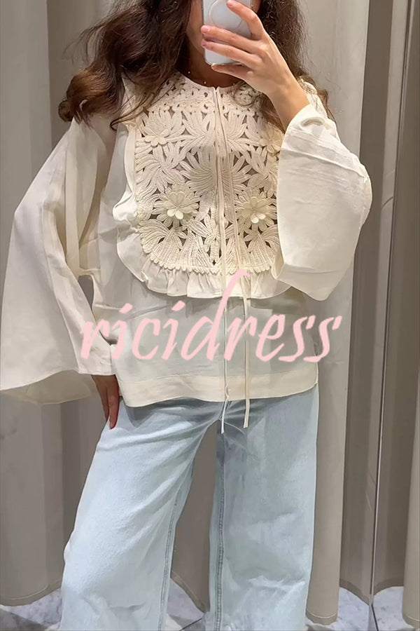 Fashionable Round Neck Tie Hollow Stitching Casual Shirt