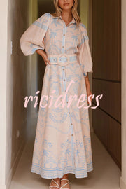 Linen Blend Lapel Puff Sleeve Casual Waist Belted Maxi Dress