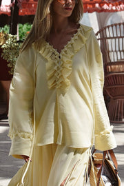 Solid Color Pleated Ruffled Tie Long Sleeve Loose Shirt