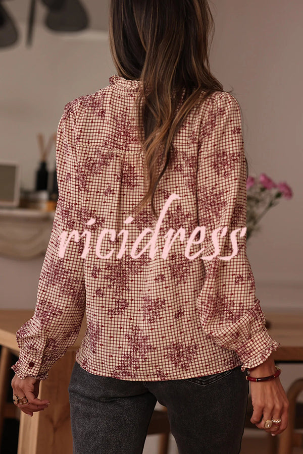 Plant Plaid Printed Long-sleeved Ruffles Casual Shirt