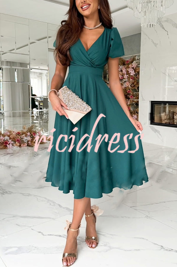 Zayla Solid Color Puff Sleeve V-neck Waist Slim Fit Midi Dress