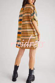 Contrast Striped Patchwork Denim Lapel Loose Casual Mini Dress