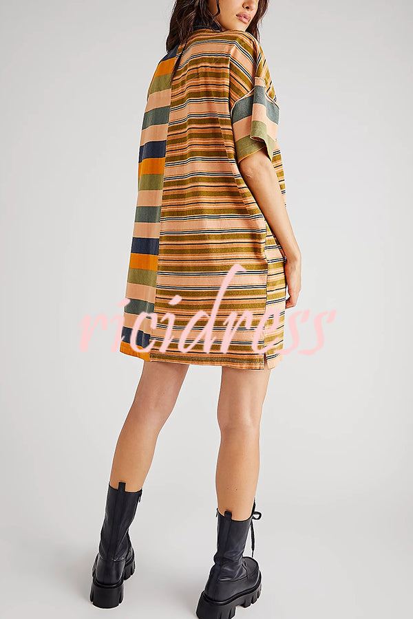 Contrast Striped Patchwork Denim Lapel Loose Casual Mini Dress