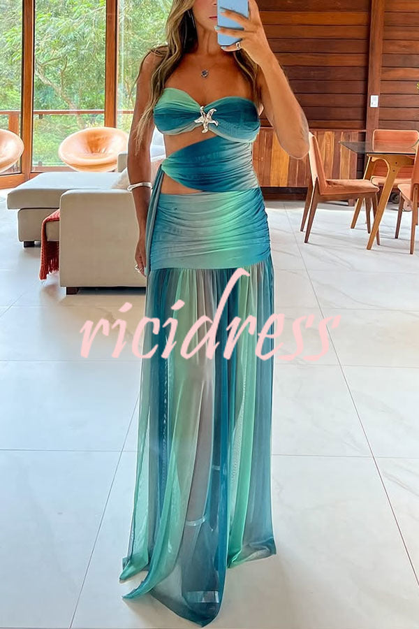 Soleil Mesh Printed Starfish Pendant Ruched Cutout Off Shoulder Maxi Dress