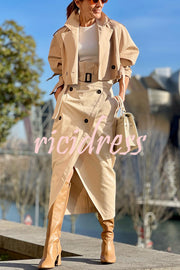 Work Style Lapel Long Sleeve Jacket and Button Belt Pocketed Slit Midi Skirt Set