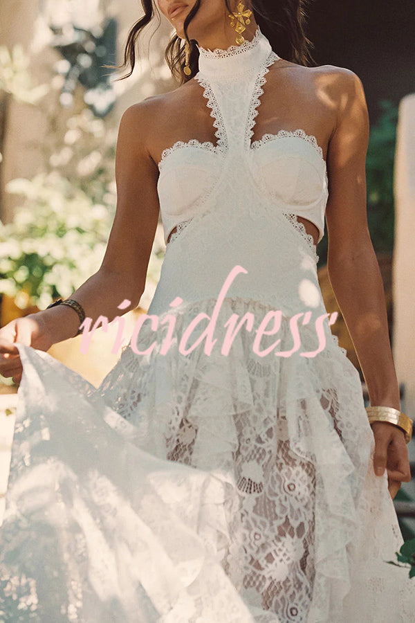 A Girls' Trip Lace High Neck Cutout Drop Waist Ruffles Maxi Dress