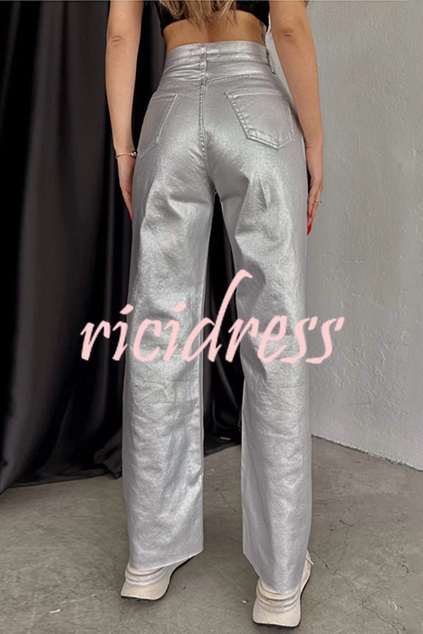 Stylish Metallic Fabric Pocket Casual Straight Wide-Leg Pants