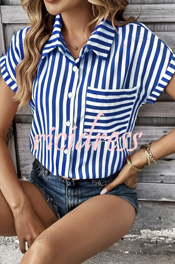 Striped Print Short Sleeve Pocket Shirt Top