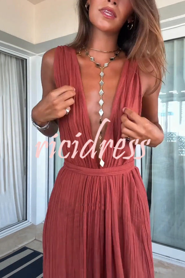 Resort Style V-neck Tie Pleated Casual Jumpsuit