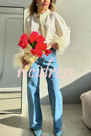 Solid Color Elegant Feather Long Sleeve Casual Knitted Cardigan