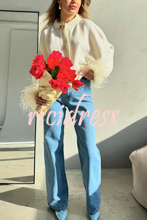 Solid Color Elegant Feather Long Sleeve Casual Knitted Cardigan
