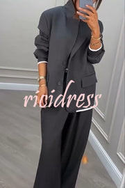 Fashion Sports Style Ribbed Colorblock Lapel Blazer and Elastic Waist Pocket Loose Pants Set