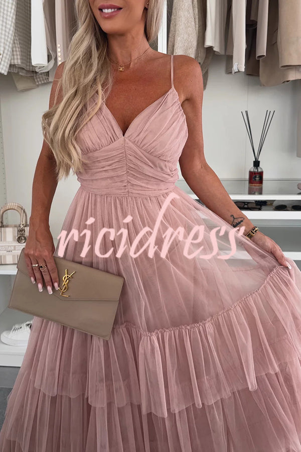 Romantic Movie Tulle Ruched Tiered Hem Slip Maxi Dress