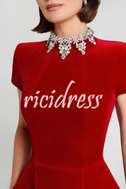 Regan Luxurious Velvet Jewel-encrusted Turtleneck Short Sleeve Pocket Tulip Mini Dress