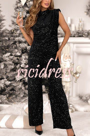 Stylish Sparkly Velvet Sequin Sleeveless Pleated Top and Casual Wide-leg Pants Set