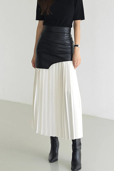 Fashionable Patchwork Contrast Color Pleated Midi Skirt