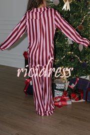Courtney Satin Colorblock Striped Loose Shirt and Elastic Waist Pocketed Pajama Set