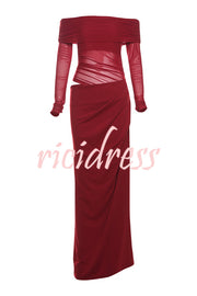 Exquisite Sexy Mesh Patchwork Off Shoulder Cutout Ruched Maxi Dress