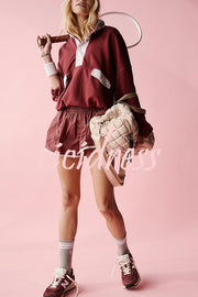 Fashion Contrast Color Stitching Stand Collar Long Sleeve Top and Elastic Waist Loose Pocket Shorts Set