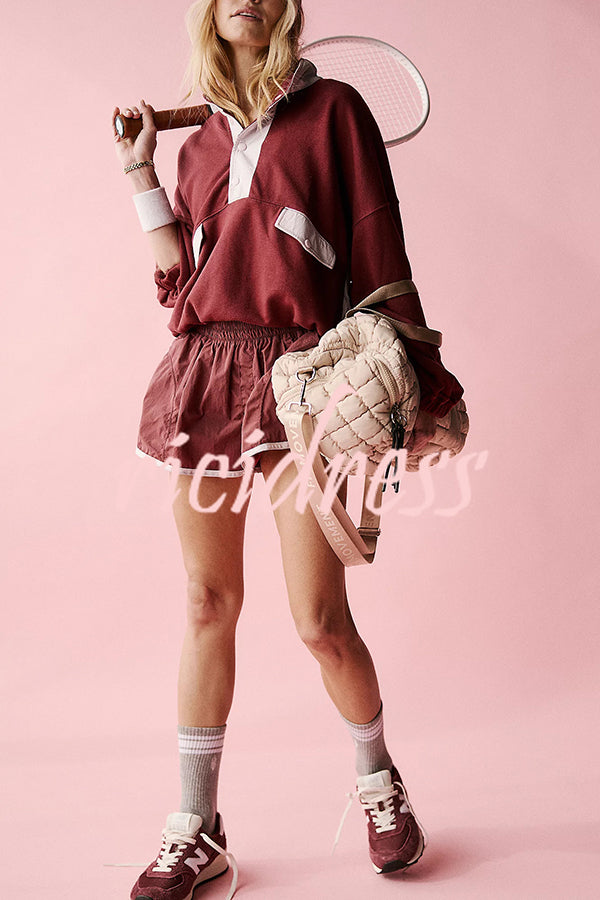 Fashion Contrast Color Stitching Stand Collar Long Sleeve Top and Elastic Waist Loose Pocket Shorts Set
