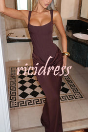 Larrah Square Neck Back Lace-up Satin Drape Hem Maxi Dress