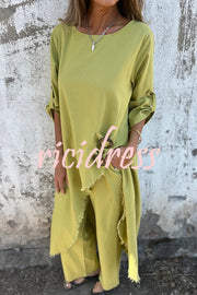 Jamilah Linen Blend Ring Detail Midi Blouse  and Elastic Waist Pocketed Loose Pants Set