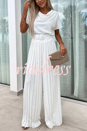 Ivy Cowl Neck Short Sleeve Belt Pleated Loose Wide Leg Jumpsuit