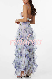 Sunrise Goddess Chiffon Roses Print Ruffles Tiered Trim Maxi Dress