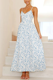 Floral Print V-Neck Sleeveless Back Tie Pocket Maxi Dress