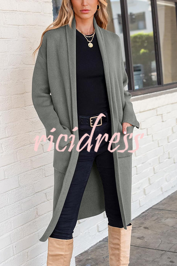 Solid Color Long-sleeved Casual Loose Pocket Mid-length Cardigan