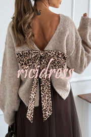 Gisella Knit Back Slit Leopard Print Bow Design Long Sleeve Relaxed Sweater
