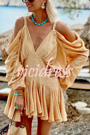 Anita Cold Shoulder Ruched Balloon Sleeve Pleated Hem Loose Mini Dress