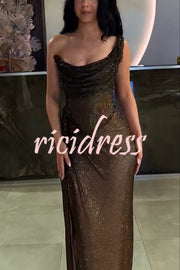 Glitzy Gala Glitter Fabric One Shoulder Ruched Slit Maxi Dress