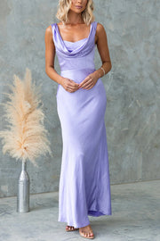Chic Muse Satin Solid Color Cowl Neck Back Tie-up Maxi Dress