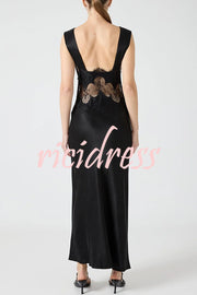 Wonderful Fusion Satin Lace Trim See-through Waist V-neck Drape Maxi Dress