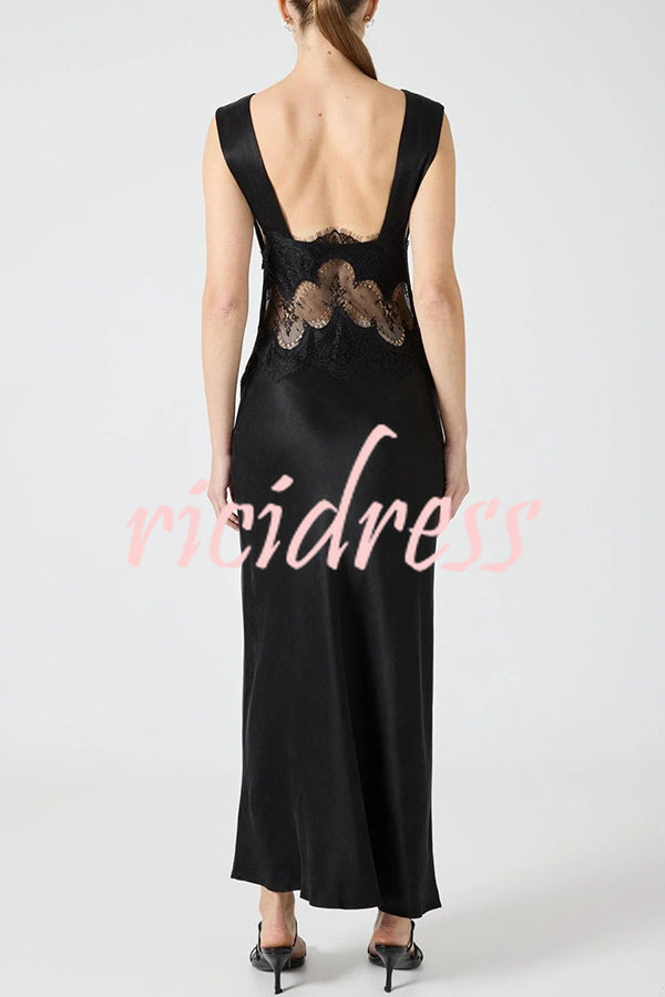 Wonderful Fusion Satin Lace Trim See-through Waist V-neck Drape Maxi Dress