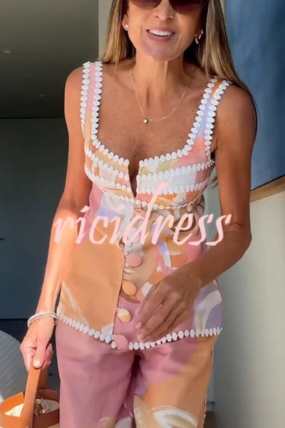 European Summer Linen Blend Ric Rac Trims Unique Print Button Tank