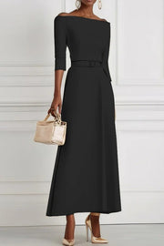 Solid Color Off-the-shoulder Waist-tied Elegant Midi Dress