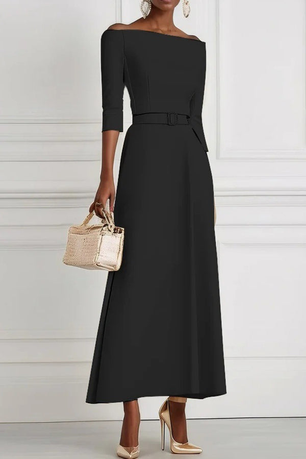 Solid Color Off-the-shoulder Waist-tied Elegant Midi Dress