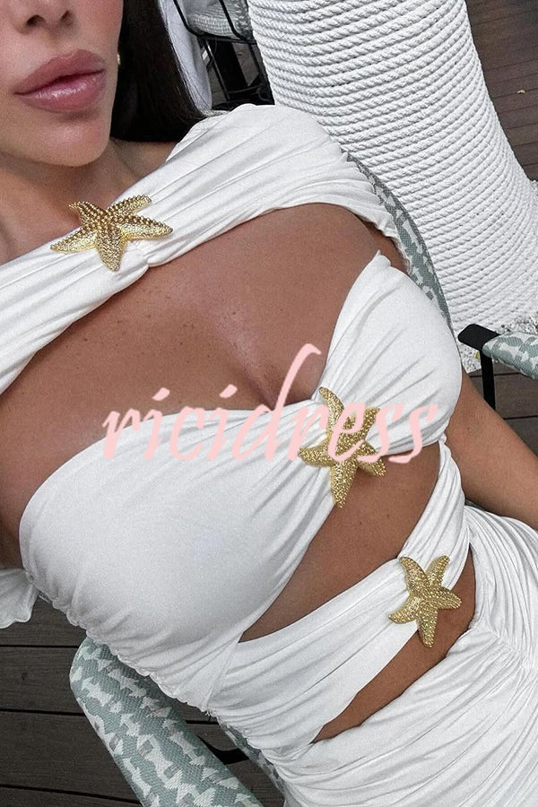 Solid Starfish Decoration Shawl and Cutout Stretch One-Piece Swimsuit