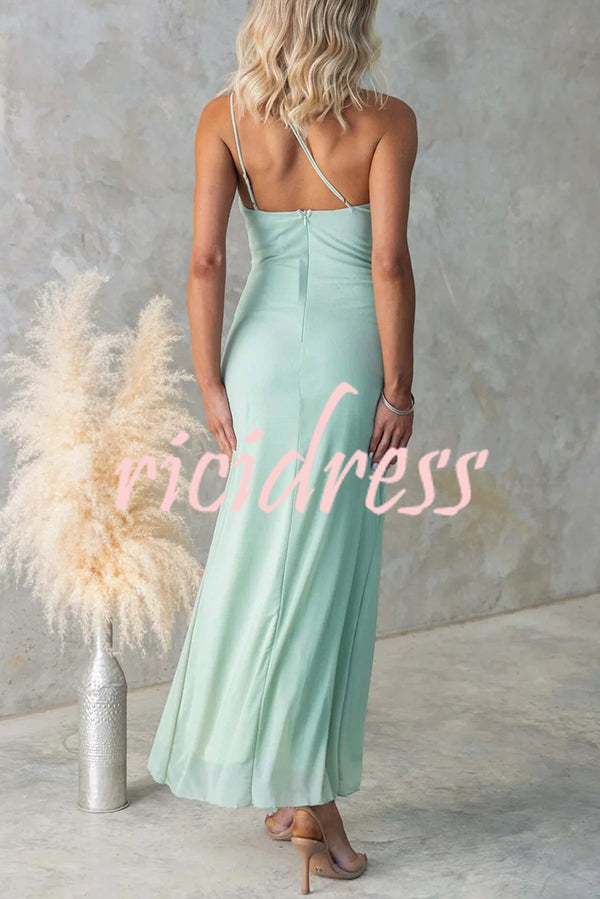 Fashion One-shoulder Pleated Sexy High Slit Slim Dress