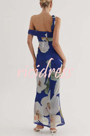 Drama Elegance Mesh Floral One Shoulder Ruched Stretch Maxi Dress