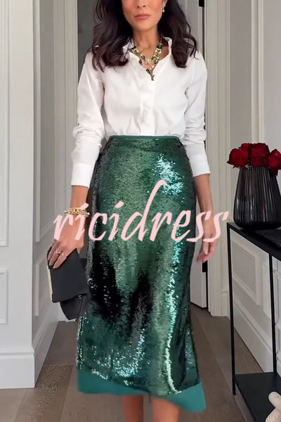 Shimmer Scene Sequin Patchwork Hem High Rise Slit Pencil Midi Skirt