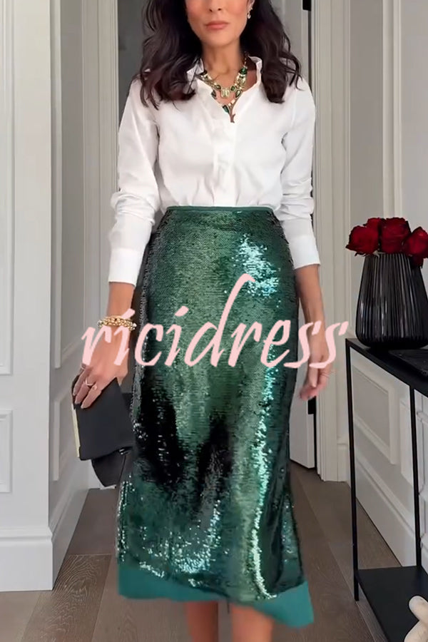 Shimmer Scene Sequin Patchwork Hem High Rise Slit Pencil Midi Skirt